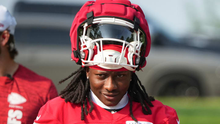 Jul 22, 2024; St. Joseph, MO, USA; Kansas City Chiefs wide receiver Marquise (Hollywood) Brown (5) walks down the hill from the locker room to the fields prior to training camp at Missouri Western State University. Mandatory Credit: Denny Medley-USA TODAY Sports