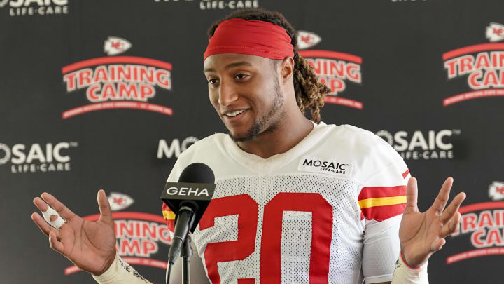 Jul 27, 2022; St. Joseph, MO, USA; Kansas City Chiefs safety Justin Reid (20) speaks to media after training camp at Missouri Western State University. Mandatory Credit: Denny Medley-USA TODAY Sports