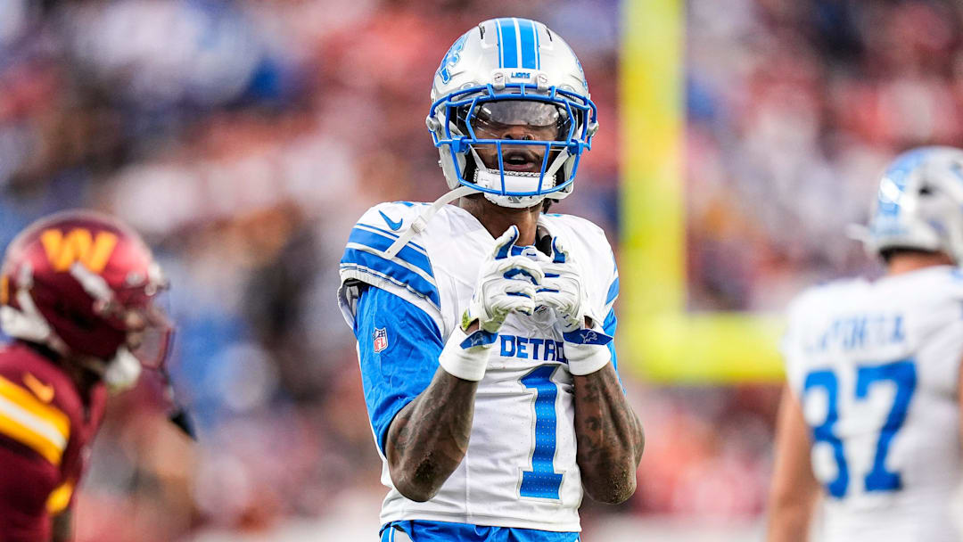 Detroit Lions wide receiver Jameson Williams (1) celebrates against first down against Washington Commanders during the first half at Northwest Stadium in Landover, Md. on Sunday, November 9, 2025.