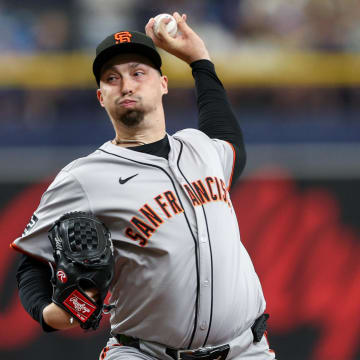 Apr 14, 2024; St. Petersburg, Florida, USA;  San Francisco Giants pitcher Blake Snell (7) throws a pitch against the Tampa Bay Rays in the first inning at Tropicana Field