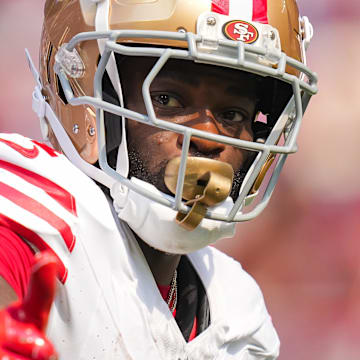 Sep 15, 2024; Minneapolis, Minnesota, USA; San Francisco 49ers wide receiver Brandon Aiyuk (11) signals the referee against the Minnesota Vikings in the first quarter at U.S. Bank Stadium. Mandatory Credit: Brad Rempel-Imagn Images