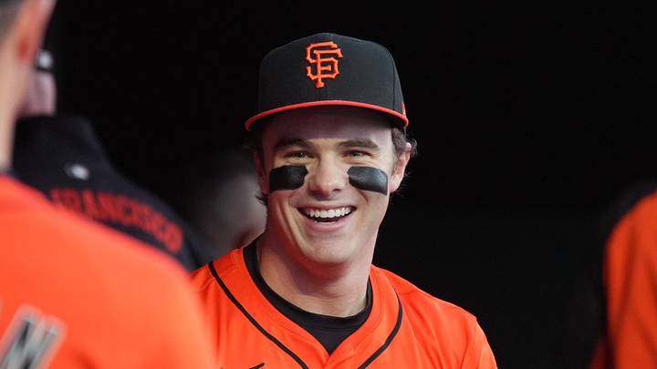 Sep 12, 2025; San Francisco, California, USA; San Francisco Giants right fielder Drew Gilbert (center) before the game against the Los Angeles Dodgers at Oracle Park. Mandatory Credit: Darren Yamashita-Imagn Images