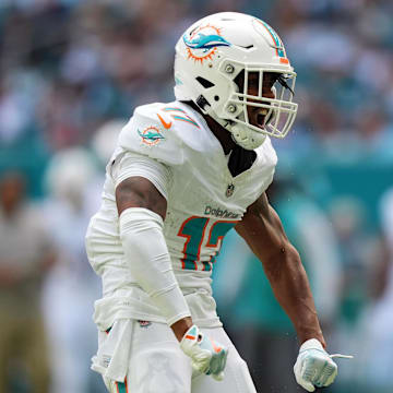 Nov 24, 2024; Miami Gardens, Florida, USA; Miami Dolphins wide receiver Jaylen Waddle (17) reacts after getting a first down during the first half against the New England Patriots at Hard Rock Stadium. Mandatory Credit: Jasen Vinlove-Imagn Images