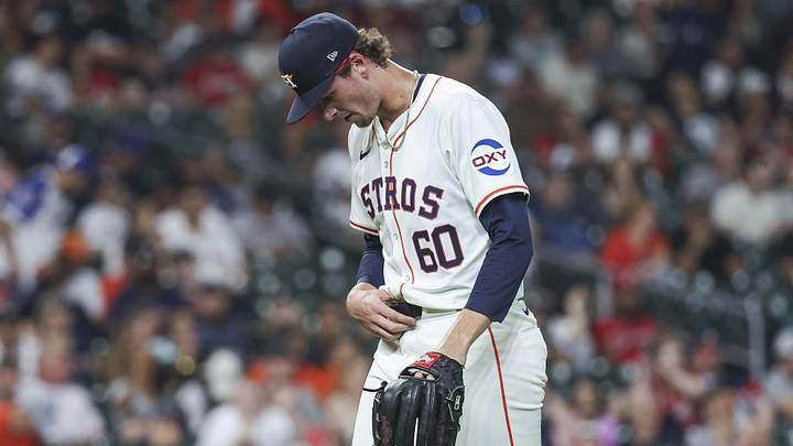 Apr 16, 2024; Houston, Texas, USA; Houston Astros relief pitcher Forrest Whitley (60) walks off the mound after pitching during the ninth inning against the Atlanta Braves at Minute Maid Park. Mandatory Credit: Troy Taormina-Imagn Images