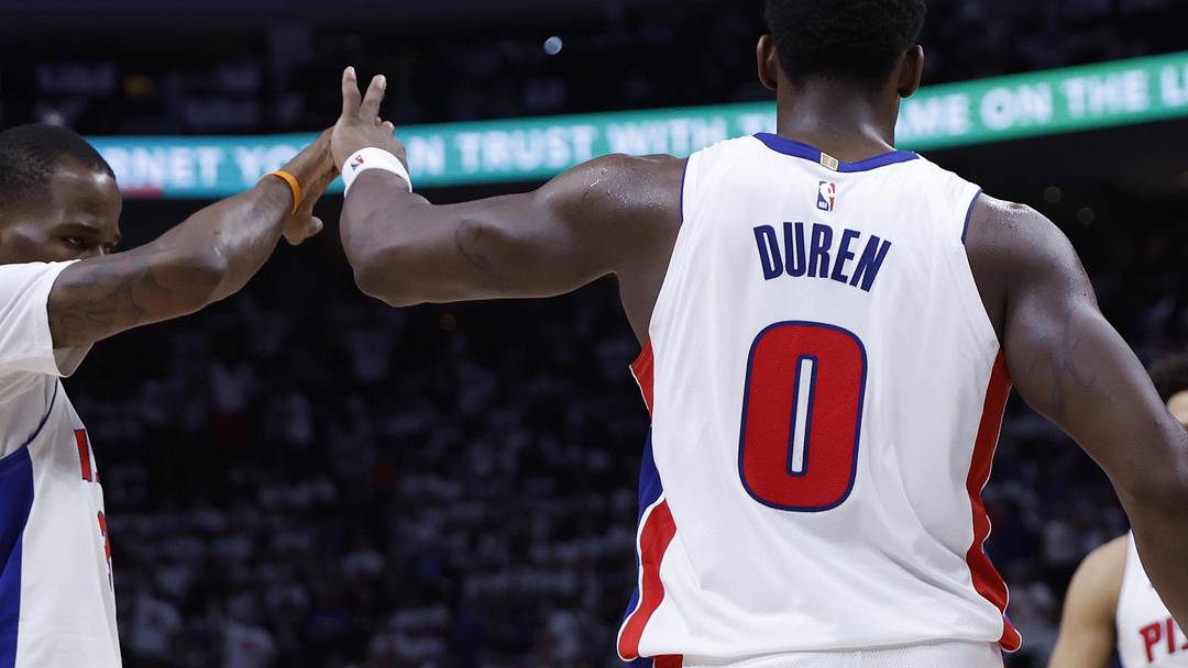 Apr 22, 2026; Detroit, Michigan, USA; Detroit Pistons center Jalen Duren (0) receives congratulations from d31 in the second half against the during game two of the first round of the 2026 NBA Playoffs at Little Caesars Arena. Mandatory Credit: Rick Osentoski-Imagn Images