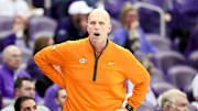 Feb 12, 2025; Fort Worth, Texas, USA;  Oklahoma State Cowboys head coach Steve Lutz reacts during the second half against the TCU Horned Frogs at Ed and Rae Schollmaier Arena. Mandatory Credit: Kevin Jairaj-Imagn Images