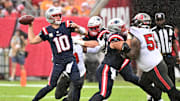 Nov 9, 2025; Tampa, Florida, USA; New England Patriots quarterback Drake Maye (10) throws downfield during the first quarter against the Tampa Bay Buccaneers at Raymond James Stadium. Mandatory Credit: Jonathan Dyer-Imagn Images