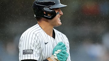 Sep 28, 2024; Bronx, New York, USA; New York Yankees first baseman Anthony Rizzo (48) reacts after being hit by a pitch during the seventh inning against the Pittsburgh Pirates at Yankee Stadium. Mandatory Credit: Brad Penner-Imagn Images