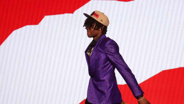 Jun 26, 2024; Brooklyn, NY, USA; Ja'Kobe Walter walks on stage after being selected in the first round by the Toronto Raptors in the 2024 NBA Draft at Barclays Center. Mandatory Credit: Brad Penner-USA TODAY Sports