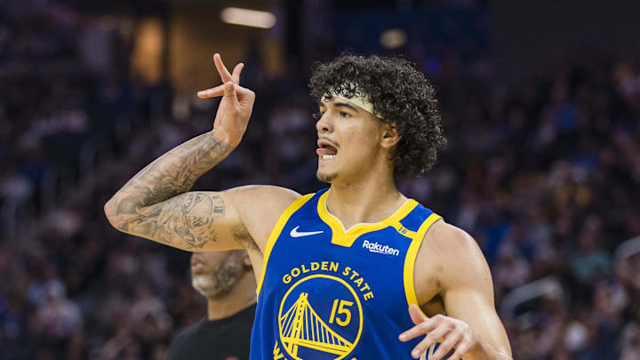 Mar 10, 2025; San Francisco, California, USA; Golden State Warriors forward Gui Santos (15) reacts after taking a three-point shot against the Portland Trail Blazers during the second quarter at Chase Center. Mandatory Credit: John Hefti-Imagn Images