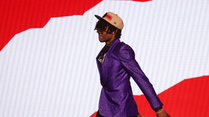 Jun 26, 2024; Brooklyn, NY, USA; Ja'Kobe Walter walks on stage after being selected in the first round by the Toronto Raptors in the 2024 NBA Draft at Barclays Center. Mandatory Credit: Brad Penner-USA TODAY Sports