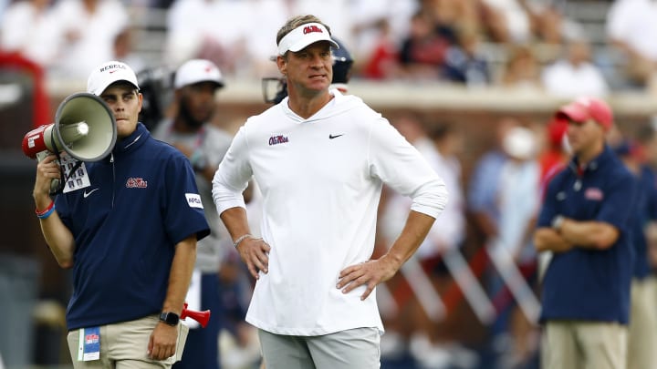 Aug 31, 2024; Oxford, Mississippi, USA; Mississippi Rebels head coach Lane Kiffin watches during warm ups prior to the game against the Furman Paladins at Vaught-Hemingway Stadium. Mandatory Credit: Petre Thomas-USA TODAY Sports