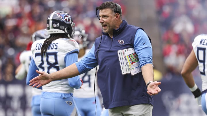 Dec 31, 2023; Houston, Texas, USA; Tennessee Titans head coach Mike Vrabel reacts after a play during the first quarter against the Houston Texans at NRG Stadium.