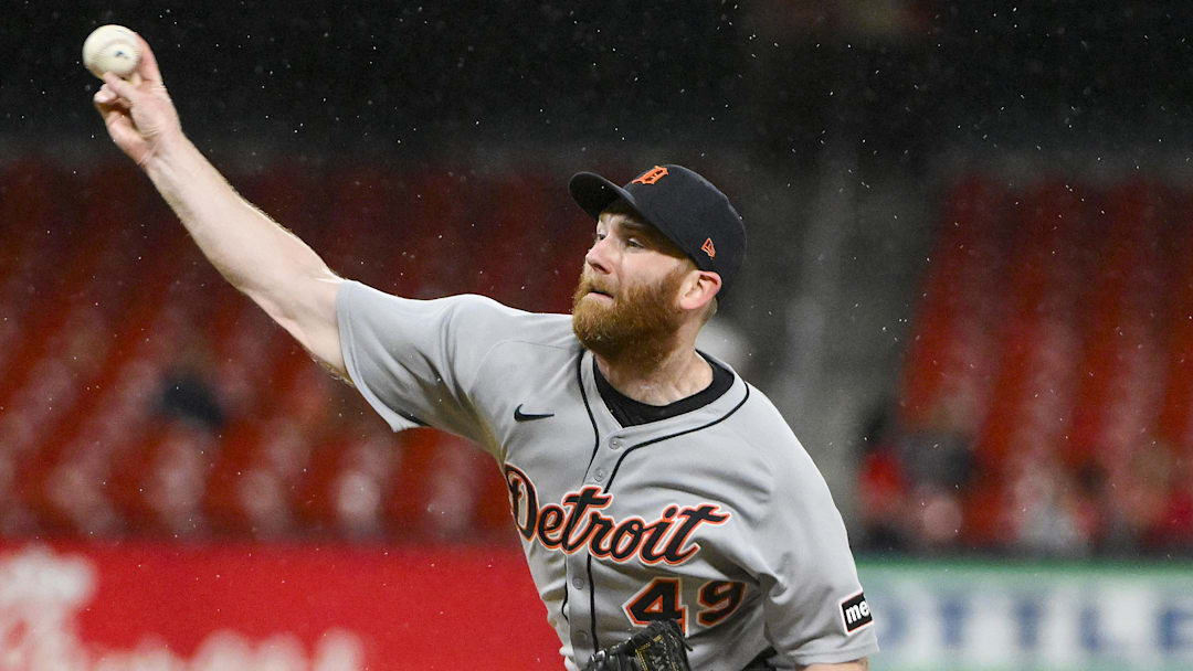 May 19, 2025; St. Louis, Missouri, USA;  Detroit Tigers relief pitcher John Brebbia (49) pitches against the St. Louis Cardinals during the seventh inning at Busch Stadium. Mandatory Credit: Jeff Curry-Imagn Images