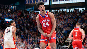 Mar 8, 2025; Lawrence, Kansas, USA; Kansas Jayhawks forward KJ Adams Jr. (24) reacts after a play during the second half against the Arizona Wildcats at Allen Fieldhouse. Mandatory Credit: William Purnell-Imagn Images