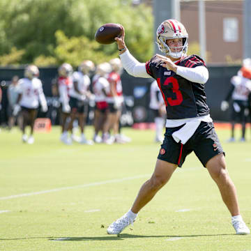 Jun 11, 2025; Santa Clara, CA, USA; San Francisco 49ers quarterback Brock Purdy (13) throws a pass during a team OTA at Levi's Stadium. Mandatory Credit: D. Ross Cameron-Imagn Images