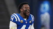 Nov 9, 2025; Berlin, Germany; Indianapolis Colts linebacker Zaire Franklin (44) reacts against the Atlanta Falcons during the NFL Berlin Game at Olympic Stadium. Mandatory Credit: Kirby Lee-Imagn Images