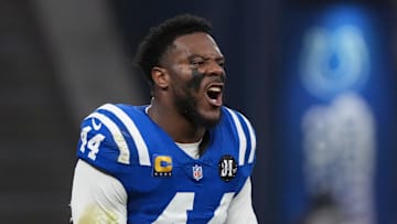 Nov 9, 2025; Berlin, Germany; Indianapolis Colts linebacker Zaire Franklin (44) reacts against the Atlanta Falcons during the NFL Berlin Game at Olympic Stadium. Mandatory Credit: Kirby Lee-Imagn Images