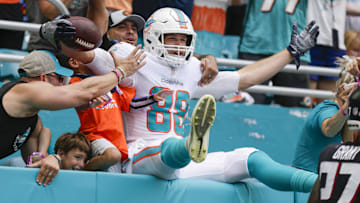Oct 24, 2021; Miami Gardens, Florida, USA; Miami Dolphins tight end Mike Gesicki (88) celebrates in