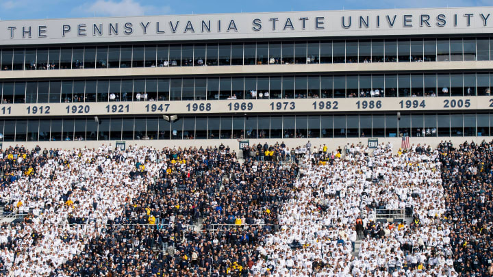 Penn State fans don white and blue for a Stripe Out game against Michigan in Beaver Stadium