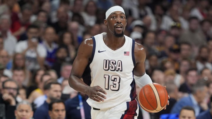 Jul 31, 2024; Villeneuve-d'Ascq, France; United States center Bam Adebayo (13) dribbles in the third quarter against South Sudan during the Paris 2024 Olympic Summer Games at Stade Pierre-Mauroy. Mandatory Credit: John David Mercer-USA TODAY Sports