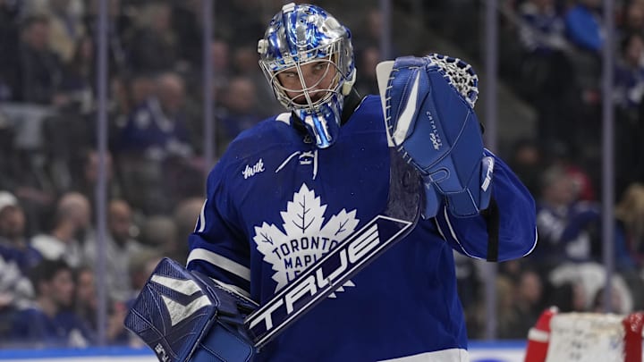 Mar 3, 2025; Toronto, Ontario, CAN; Toronto Maple Leafs goaltender Anthony Stolarz (41) during a break in the action against the San Jose Sharks during the second period at Scotiabank Arena. Mandatory Credit: John E. Sokolowski-Imagn Images