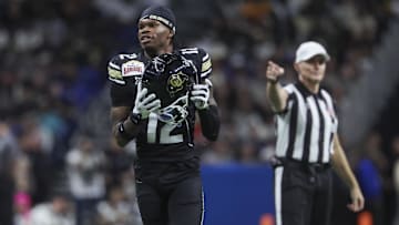Dec 28, 2024; San Antonio, TX, USA; Colorado Buffaloes wide receiver Travis Hunter (12) reacts after a penalty is called during the second quarter against the Brigham Young Cougars at Alamodome. Mandatory Credit: Troy Taormina-Imagn Images