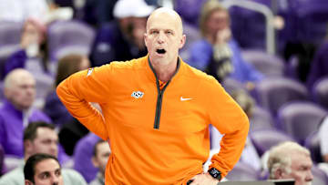 Feb 12, 2025; Fort Worth, Texas, USA;  Oklahoma State Cowboys head coach Steve Lutz reacts during the second half against the TCU Horned Frogs at Ed and Rae Schollmaier Arena. Mandatory Credit: Kevin Jairaj-Imagn Images