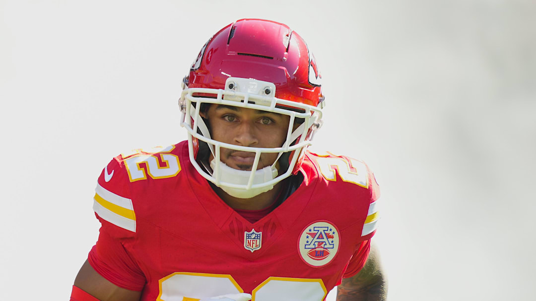 Sep 28, 2025; Kansas City, Missouri, USA; Kansas City Chiefs cornerback Trent McDuffie (22) takes the field prior to a game against the Baltimore Ravens at GEHA Field at Arrowhead Stadium. Mandatory Credit: Jay Biggerstaff-Imagn Images