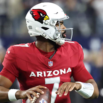 Nov 3, 2025; Arlington, Texas, USA; Arizona Cardinals quarterback Jacoby Brissett (7) warms up before the game against the Dallas Cowboys at AT&T Stadium. Mandatory Credit: Kevin Jairaj-Imagn Images