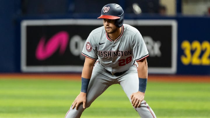 Nationals outfielder Lane Thomas leads off first base during a game against the Tampa Bay Rays at Tropicana Field. 