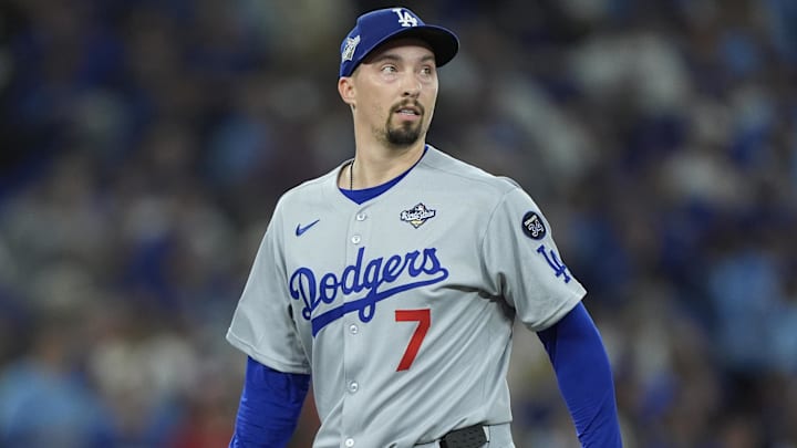 Nov 1, 2025; Toronto, Ontario, CAN; Los Angeles Dodgers pitcher Blake Snell (7) walks back to the dugout after th eighth inning against the Toronto Blue Jays during game seven of the 2025 MLB World Series at Rogers Centre. Mandatory Credit: John E. Sokolowski-Imagn Images
