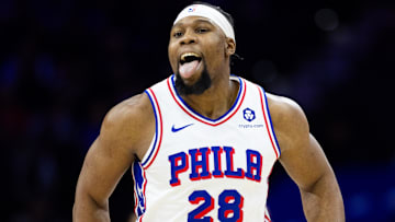 Jan 15, 2025; Philadelphia, Pennsylvania, USA; Philadelphia 76ers forward Guerschon Yabusele (28) reacts after missing a shot against the New York Knicks during the first quarter at Wells Fargo Center. Mandatory Credit: Bill Streicher-Imagn Images