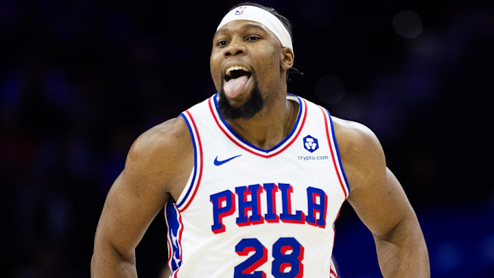 Jan 15, 2025; Philadelphia, Pennsylvania, USA; Philadelphia 76ers forward Guerschon Yabusele (28) reacts after missing a shot against the New York Knicks during the first quarter at Wells Fargo Center. Mandatory Credit: Bill Streicher-Imagn Images