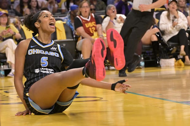 Sky forward Angel Reese (5) reacts after she was fouled 