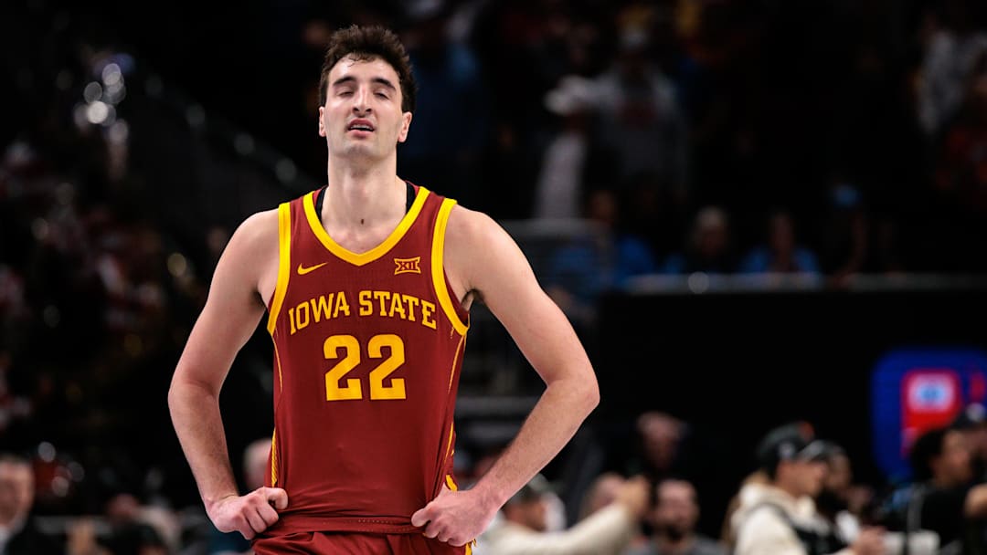 Mar 13, 2026; Kansas City, MO, USA; Iowa State Cyclones forward Milan Momcilovic (22) reacts at the end of the game against the Arizona Wildcats at T-Mobile Center. Mandatory Credit: William Purnell-Imagn Images Mar 13, 2026; Kansas City, MO, USA; Iowa State Cyclones forward Milan Momcilovic (22) reacts at the end of the game against the Arizona Wildcats at T-Mobile Center. Mandatory Credit: William Purnell-Imagn Images