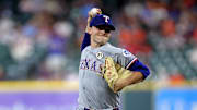 Sep 15, 2025; Houston, Texas, USA; Texas Rangers starting pitcher Jack Leiter (35) delivers a pitch against the Houston Astros during the first inning at Daikin Park. 