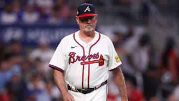 May 8, 2025; Atlanta, Georgia, USA; Atlanta Braves manager Brian Snitker (43) on the field against the Cincinnati Reds in the seventh inning at Truist Park. Mandatory Credit: Brett Davis-Imagn Images
