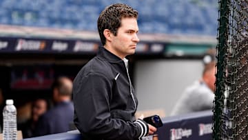 Detroit Tigers president of baseball operations Scott Harris watches warm up before Game 2 of ALDS at Progressive Field in Cleveland, Ohio on Monday, Oct. 7, 2024.