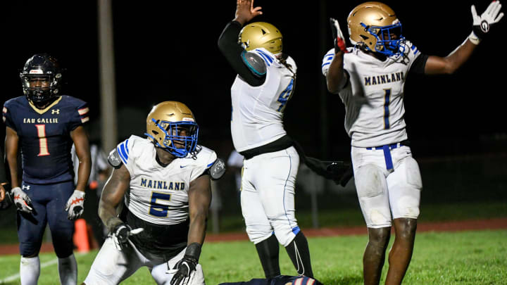 Christian Hudson Amare Campbell and Dennis “Tank” King of Mainland celebrate a sack of Eau Gallie QB Joseph Allen in the end zone during their Kickoff Classic game Friday, August 16, 2024.