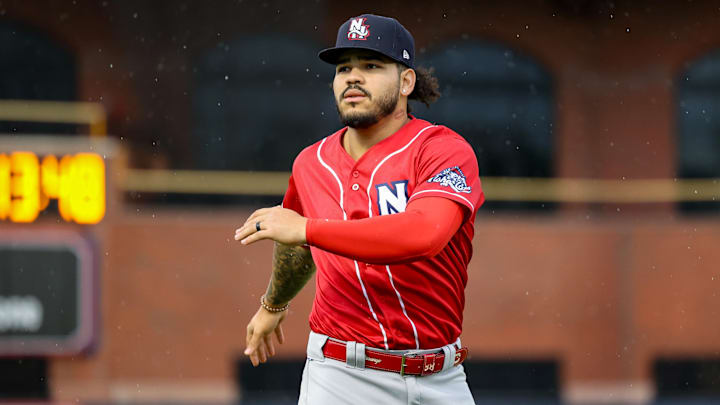 Yohendrick Pinango is pictured with the New Hampshire Fisher Cats in a game against the Reading Fightin' Phils.