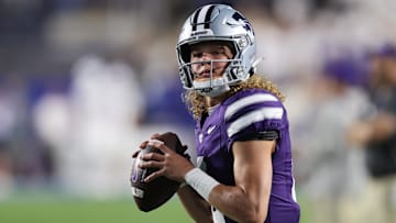 Sep 21, 2024; Provo, Utah, USA; Kansas State Wildcats quarterback Avery Johnson (2) warms up before the game against the Brigham Young Cougars at LaVell Edwards Stadium. Mandatory Credit: Rob Gray-Imagn Images