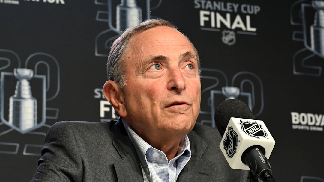 Jun 4, 2025; Edmonton, Alberta, CAN;  National Hockey League commissioner Gary Bettman speaks to the media before game one of the 2025 Stanley Cup Final between the Florida Panthers and the Edmonton Oilers at Rogers Place. Mandatory Credit: Walter Tychnowicz-Imagn Images