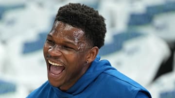 Minnesota Timberwolves guard Anthony Edwards practices before a game against the Oklahoma City Thunder.