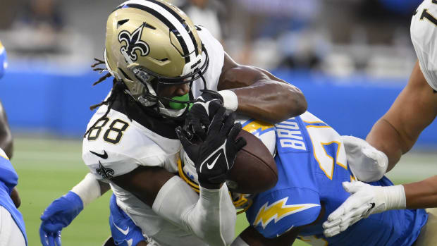 Aug 20, 2023; New Orleans Saints wideout Shaq Davis catches a pass against the Los Angeles Chargers 