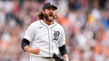 Detroit Tigers pitcher Jason Foley (68) celebrates striking out Tampa Bay Rays center fielder Jose Siri (22) during the ninth inning at Comerica Park in Detroit on Thursday, Sept. 26, 2024.