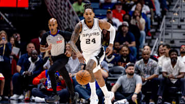 Oct 24, 2025; New Orleans, Louisiana, USA;  San Antonio Spurs guard/forward Devin Vassell (24) brings the ball up court against the New Orleans Pelicans during the first half at Smoothie King Center. Mandatory Credit: Stephen Lew-Imagn Images
