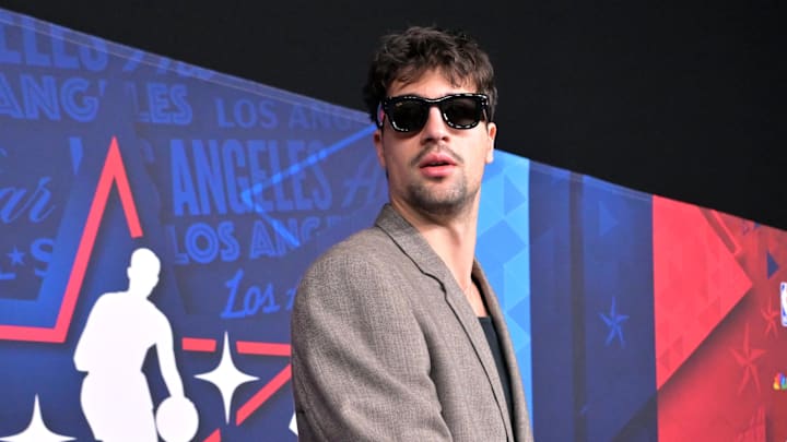 Feb 15, 2026; Los Angeles, CA, USA; Team World forward Deni Avdija (8) of the Portland Trail Blazers on the red carpet before the 75th NBA All Star Game at Intuit Dome. Mandatory Credit: Jayne Kamin-Oncea-Imagn Images