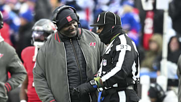 Tampa Bay Buccaneers head coach Todd Bowles isn't going to win anyone over with his explanation for punting in a key spot in a loss to the Bills. (Mandatory Credit: Mark Konezny-Imagn Images)