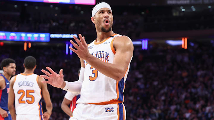 Apr 29, 2025; New York, New York, USA; New York Knicks guard Josh Hart (3) reacts after being called for a foul in the second quarter against the Detroit Pistons during game five of first round for the 2025 NBA Playoffs at Madison Square Garden. Mandatory Credit: Wendell Cruz-Imagn Images